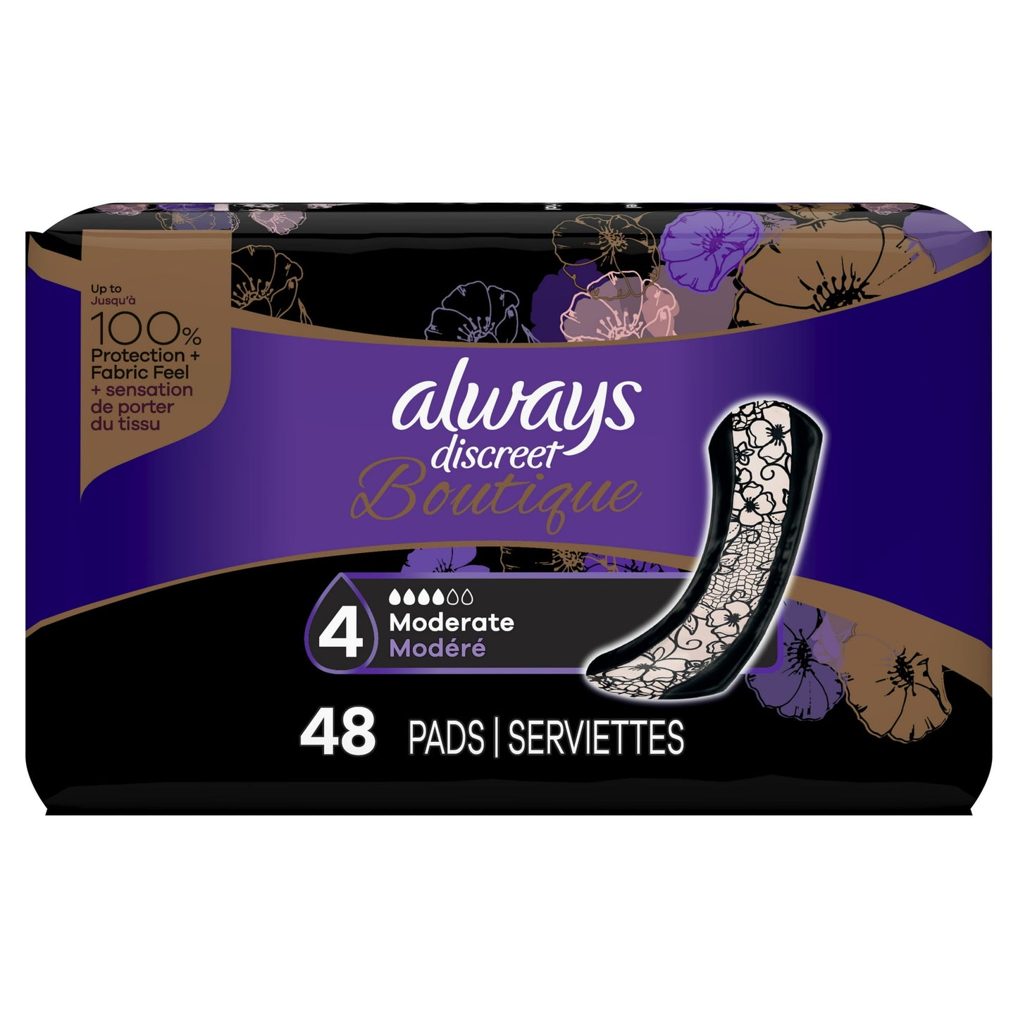 Always Discreet Boutique Incontinence Pads for Women, Moderate Absorbency, Regular Length, 48 Count – Silky Soft Protection for Everyday Confidence