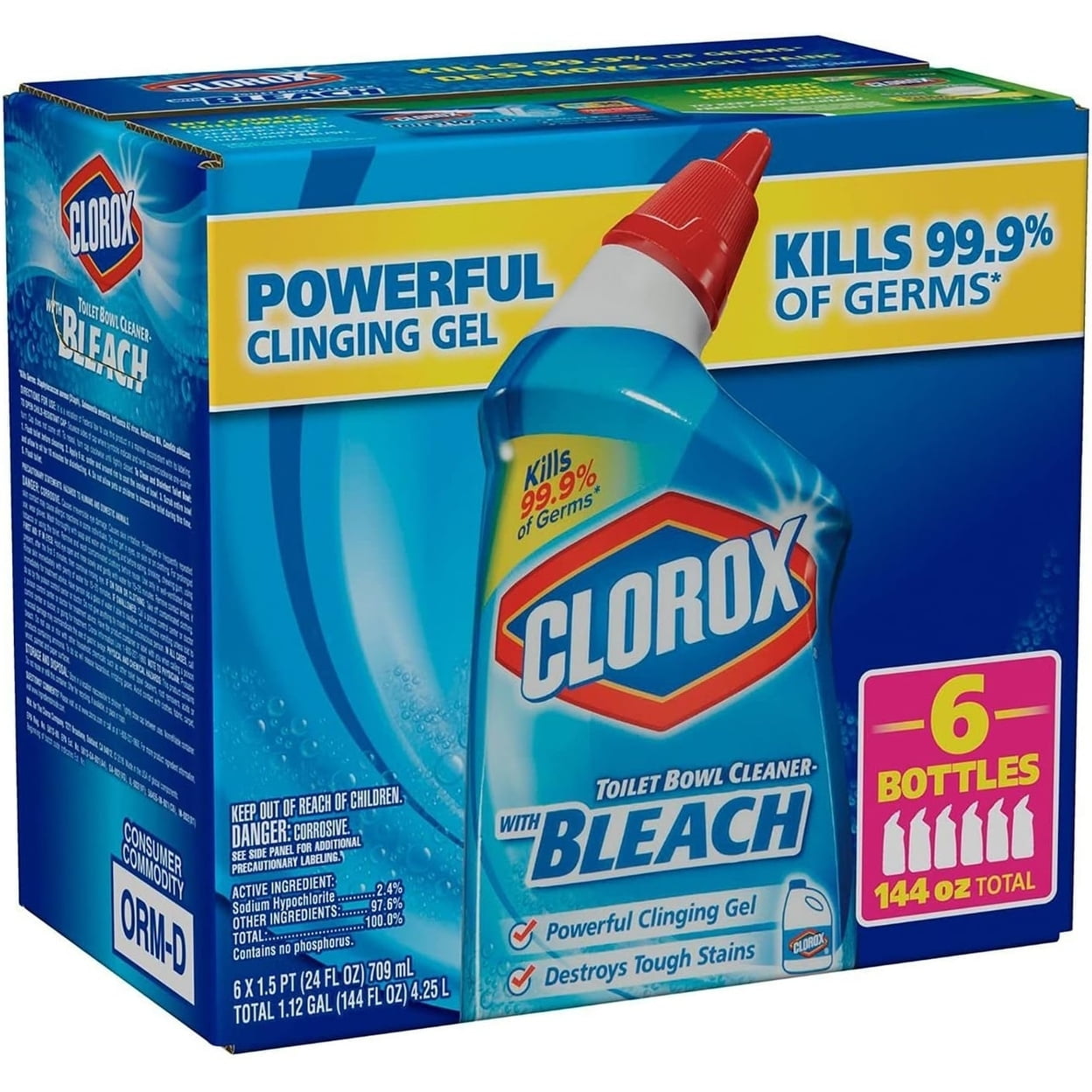 Clorox Toilet Bowl Cleaner with Bleach Gel, Rain Clean, 24 Fluid Ounce (6 Pack)