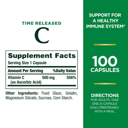 Nature's Bounty Vitamin C Time Release Capsules, 500 Mg, Vitamin Supplement, 100 Ct