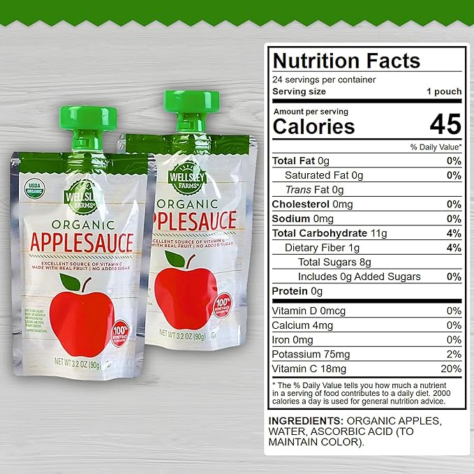 Wellsley Farms Organic Applesauce Pouches, 24 Count | Unsweetened Fruit Snack for Kids & Adults | On-the-Go Healthy Snack Packs