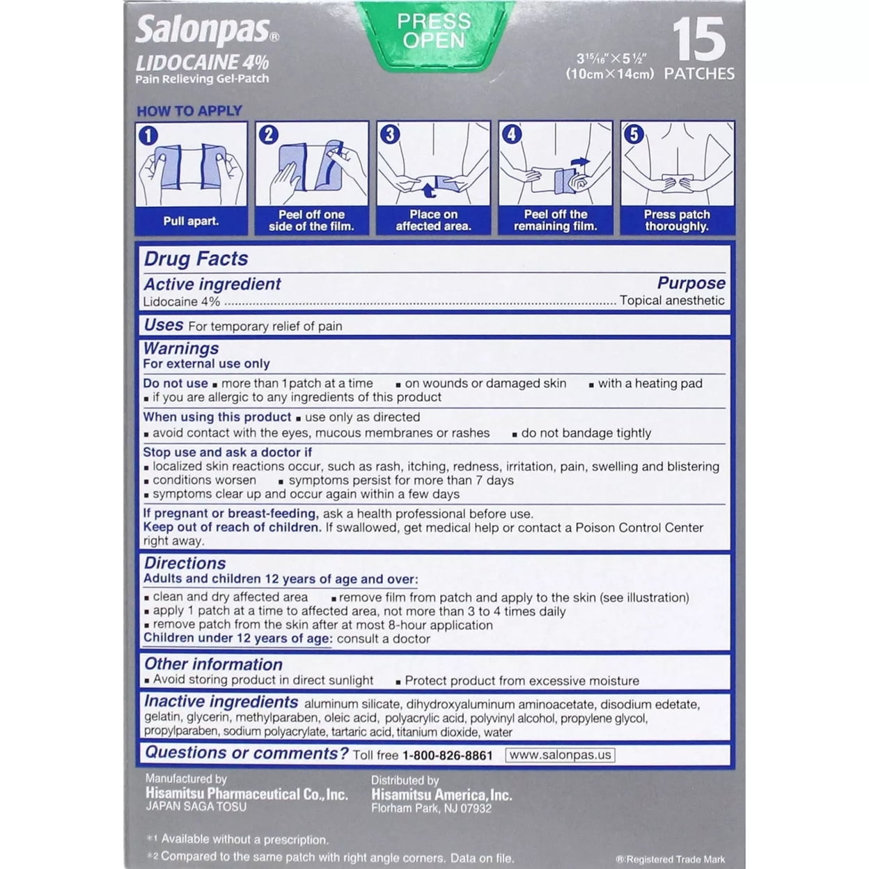 Salonpas LIDOCAINE Pain Relieving Maximum Strength Gel 15Patch