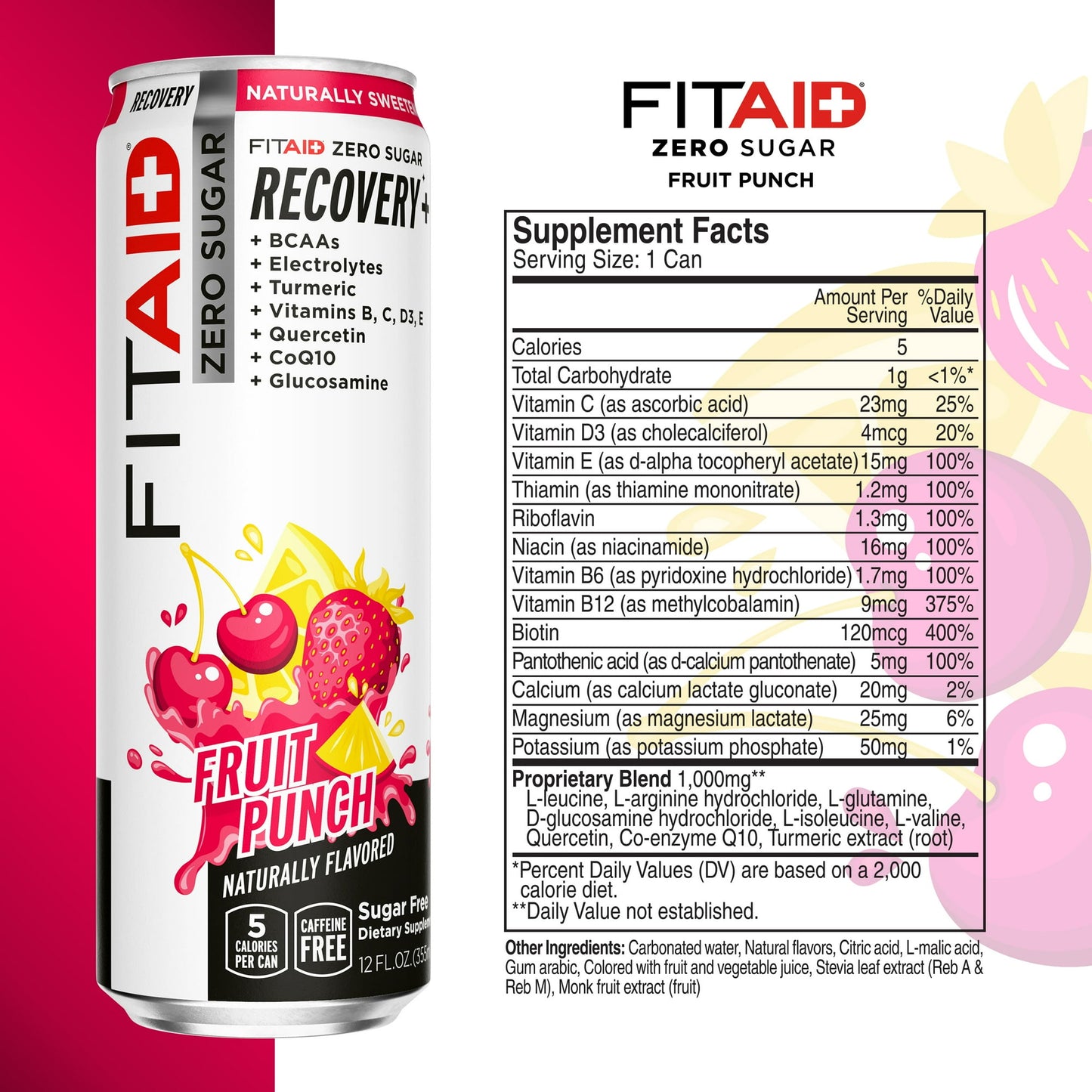 FITAID Zero Sugar Sports Recovery Drink – Fruit Punch Flavor, 12 oz Cans (Pack of 12) | Post-Workout Energy & Muscle Recovery Beverage