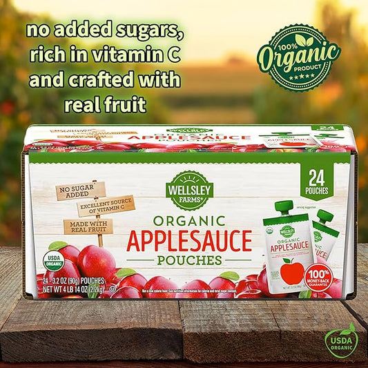 Wellsley Farms Organic Applesauce Pouches, 24 Count | Unsweetened Fruit Snack for Kids & Adults | On-the-Go Healthy Snack Packs