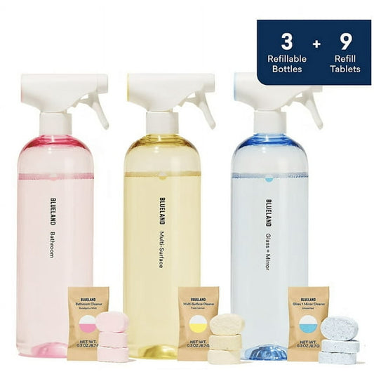 Blueland Refillable Spray Cleaner Set – Multi-Surface, Glass & Bathroom (3 Bottles + 9 Tablets)