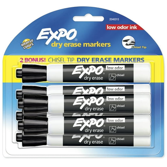 Expo Low Odor Dry Erase Markers, Chisel Tip, Black Ink – 6 Count with 2 Bonus Markers, Bold & Smooth Writing