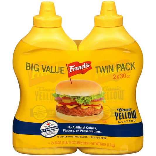 French’s Classic Yellow Mustard, 30 oz (Pack of 2) – Tangy, Gluten-Free Condiment for Hot Dogs, Burgers & Sandwiches