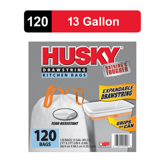 Husky 13 Gallon Drawstring Kitchen Trash Bags – 120 Count, Tear-Resistant & Unscented