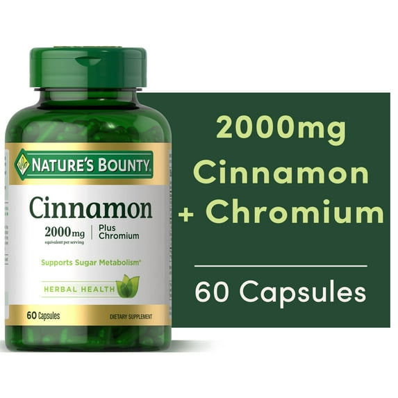 Nature’s Bounty Cinnamon 2000mg Plus Chromium Capsules, Supports Sugar Metabolism, Herbal Health, 60 Count