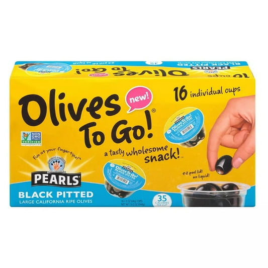 Pearls Black Pitted Olives To Go – 16 Cups (1.2 oz Each), Ready-to-Eat Snack Cups, Convenient On-the-Go Healthy Snack