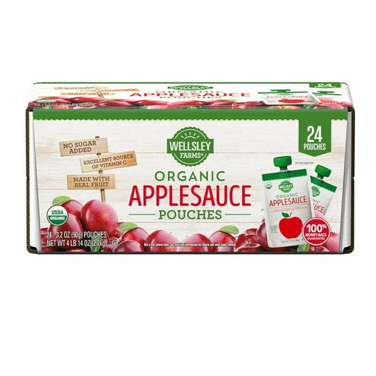Wellsley Farms Organic Applesauce Pouches, 24 Count | Unsweetened Fruit Snack for Kids & Adults | On-the-Go Healthy Snack Packs