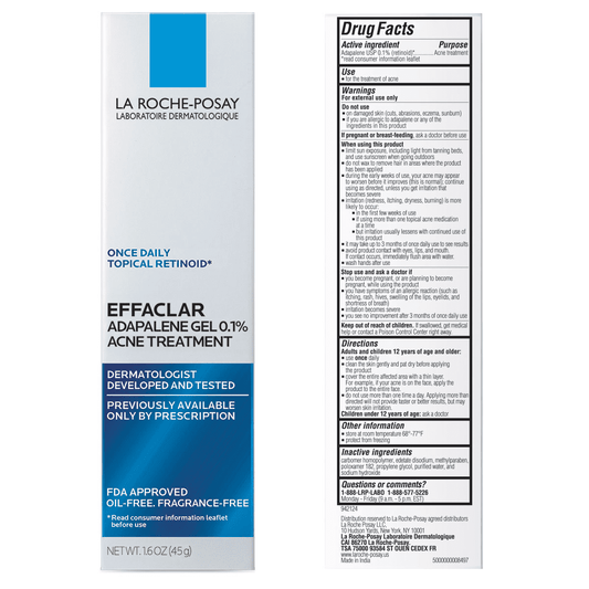 La Roche-Posay Effaclar Adapalene Gel 0.1% Topical Retinoid for Acne, 1.6 fl oz