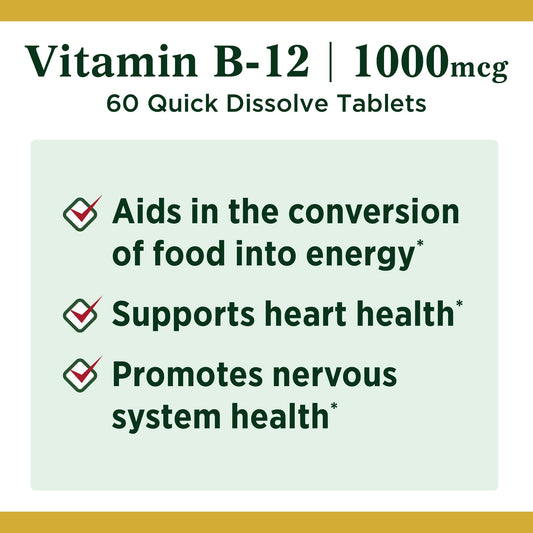 Nature's Bounty Vitamin B12 Methylcobalamin Tablets, 1000 mcg, 60 Ct