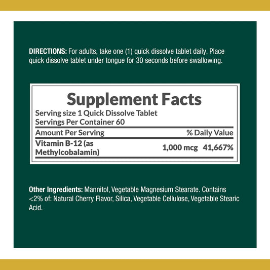 Nature's Bounty Vitamin B12 Methylcobalamin Tablets, 1000 mcg, 60 Ct