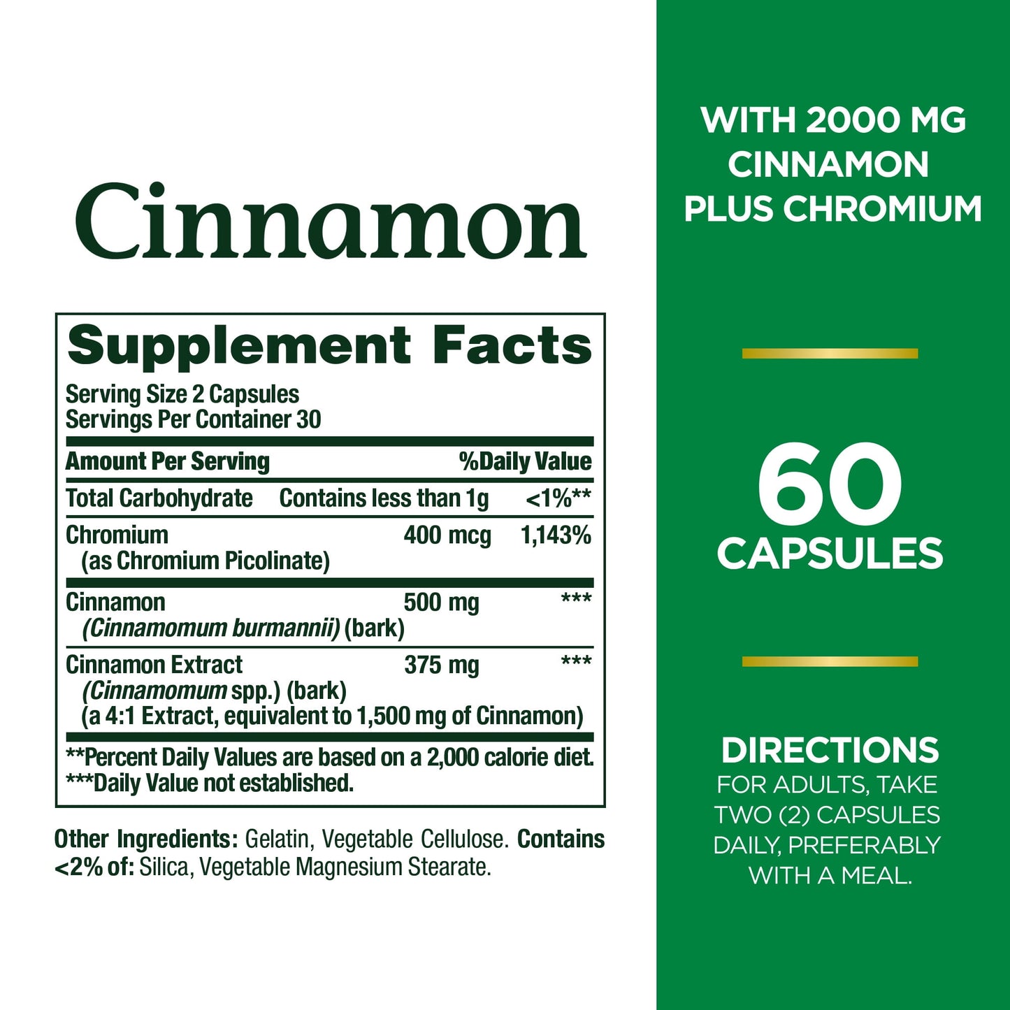 Nature’s Bounty Cinnamon 2000mg Plus Chromium Capsules, Supports Sugar Metabolism, Herbal Health, 60 Count