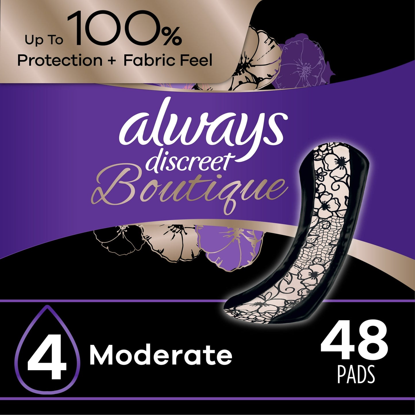 Always Discreet Boutique Incontinence Pads for Women, Moderate Absorbency, Regular Length, 48 Count – Silky Soft Protection for Everyday Confidence