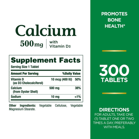 Nature's Bounty Calcium 500 mg + Vitamin D3 10 mcg Tablets for Bone Health, 300 Ct