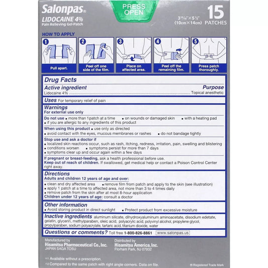 Salonpas LIDOCAINE Pain Relieving Maximum Strength Gel 15Patch