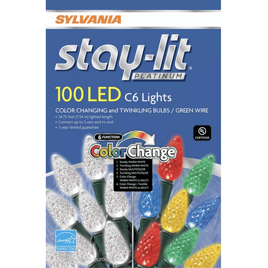 Stay Lit C6 LED Color Changing Christmas Light Set – 100 Count, Multi-Color Changing Indoor/Outdoor String Lights