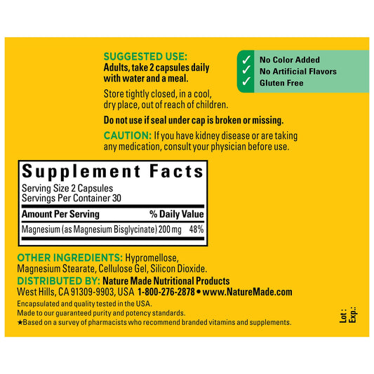 Nature Made Magnesium Glycinate 200 mg Per Serving Capsules, Dietary Supplement, 60 Count