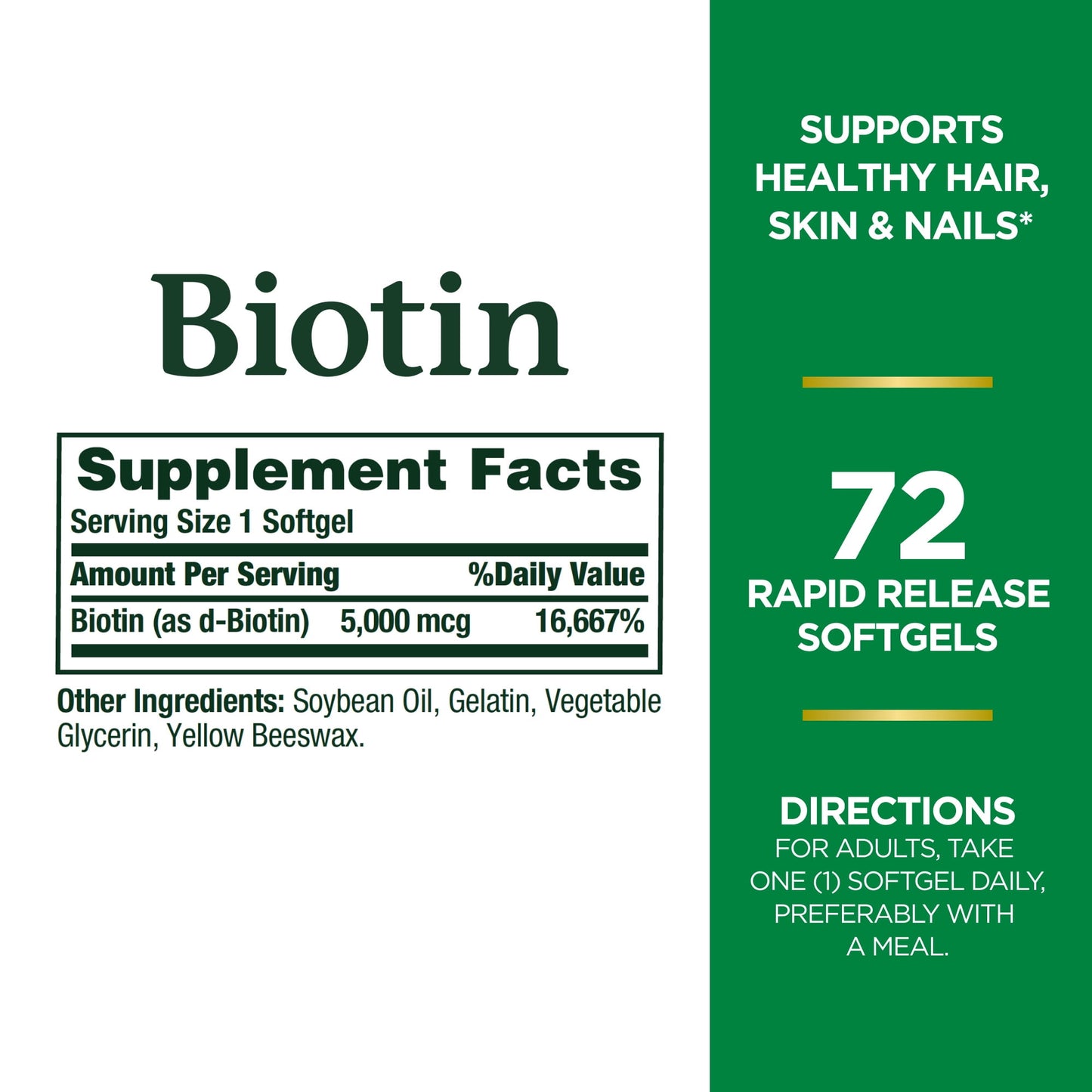 Nature's Bounty Biotin Softgels, 5000 mcg, 72 Ct